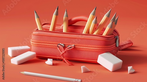 Colorful assortment of school and office supplies including pencils pens binder and erasers arranged in a vibrant orange toned flat lay composition with copy space photo