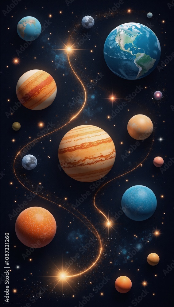 Cosmic art featuring celestial bodies adorned by golden lines Cosmic art featuring celestial bodies adorned by golden lines