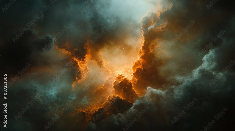 Dramatic orange and gray clouds during a turbulent sunset display in a stormy sky Dramatic orange and gray clouds during a turbulent sunset display in a stormy sky