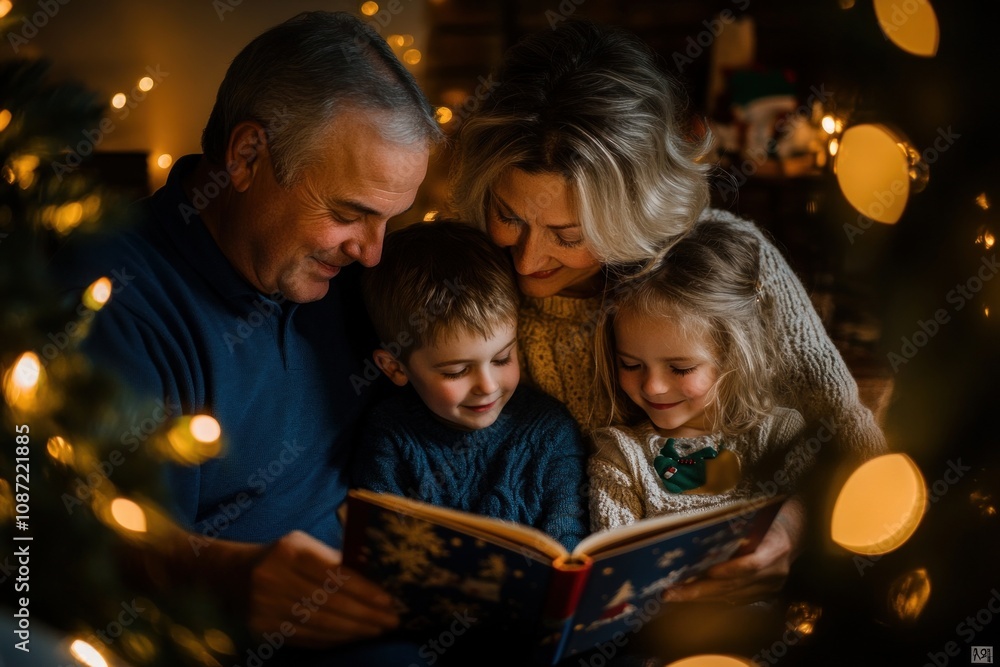 Grandparents reading to grandchildren by the Christmas tree Grandparents reading to grandchildren by the Christmas tree