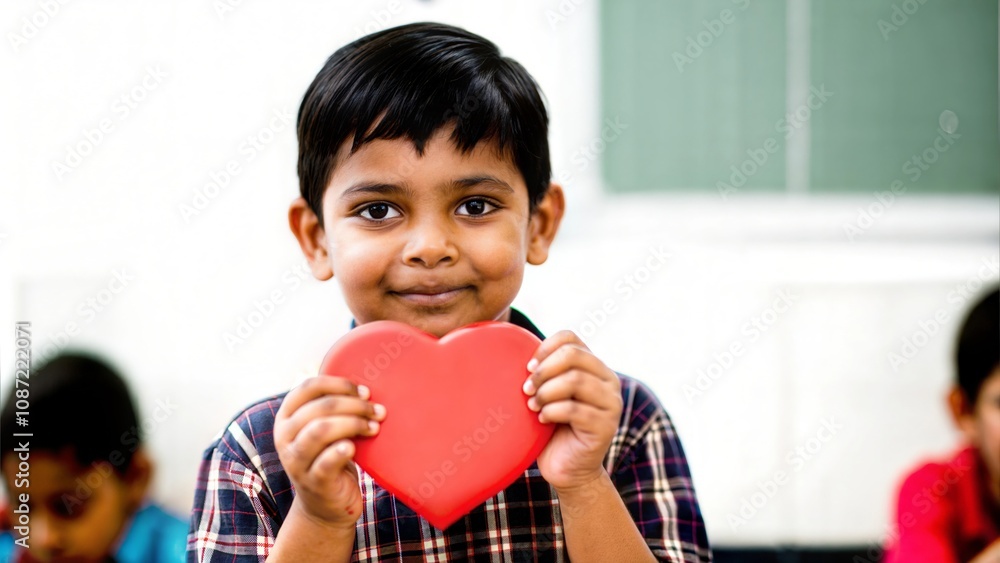 An Indian child holding a red heart shape, representing love and affection.
An Indian child holding a red heart shape, representing love and affection.