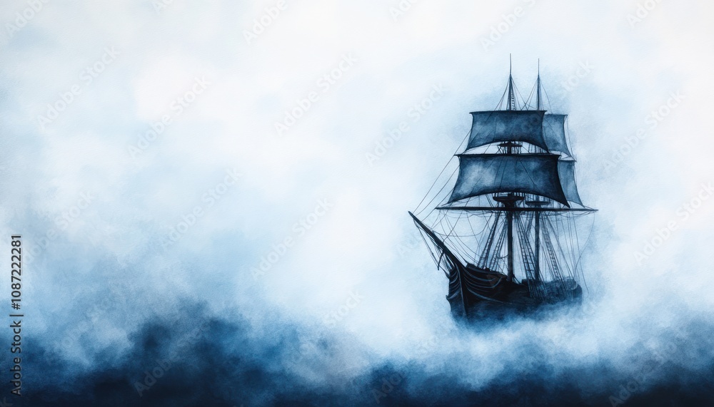 Fototapeta premium A mysterious ship emerges through a thick fog, evoking a sense of adventure and intrigue in a tranquil maritime setting.