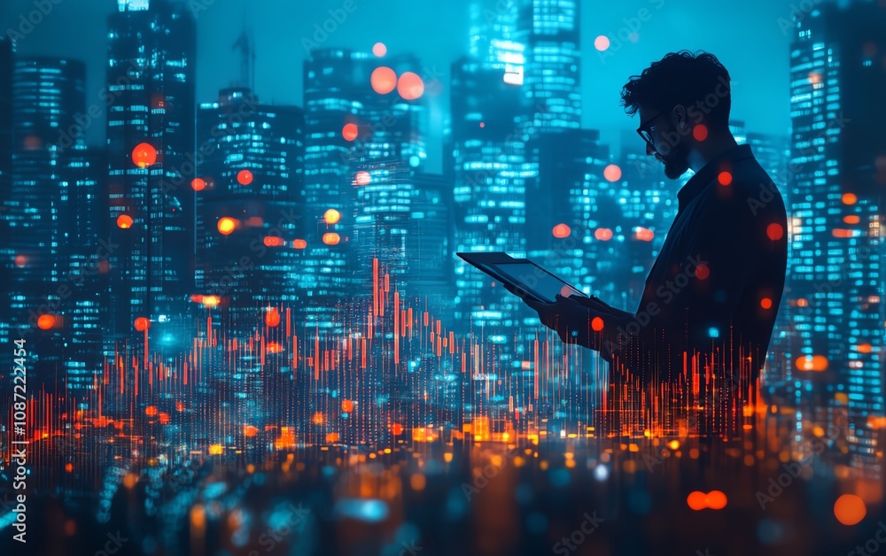 Businessman with tablet and growth graph in double exposure, cityscape background, representing a global business network and stock market exchange, generative AI Businessman with tablet and growth graph in double exposure, cityscape background, representing a global business network and stock market exchange, generative AI