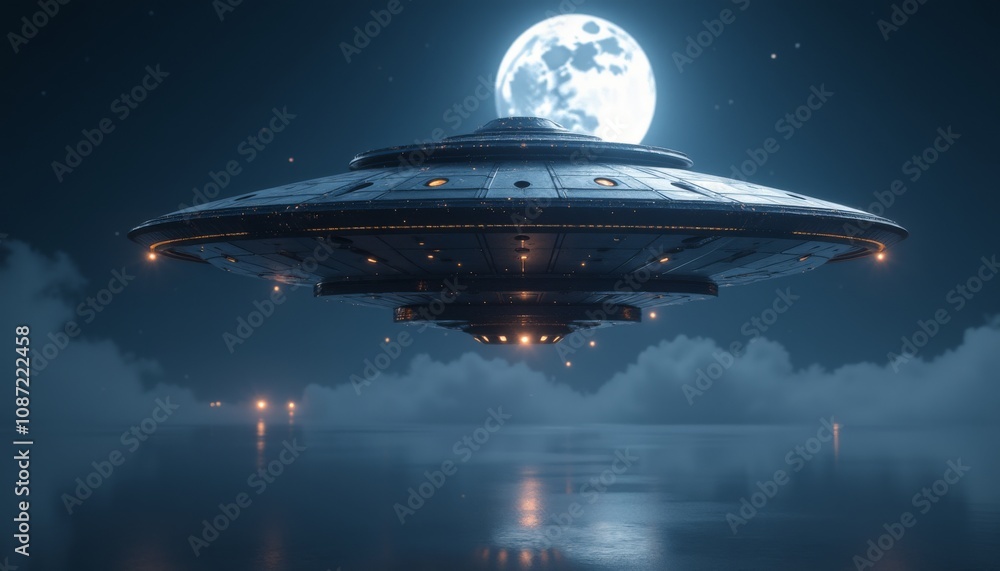 Obraz premium Mysterious UFO hovering over a tranquil lake illuminated by a full moon, symbolizing exploration and extraterrestrial encounters