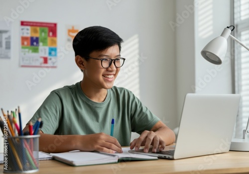 Happy young boy studying online with a laptop and taking notes in a notebook, sitting at his desk in his room