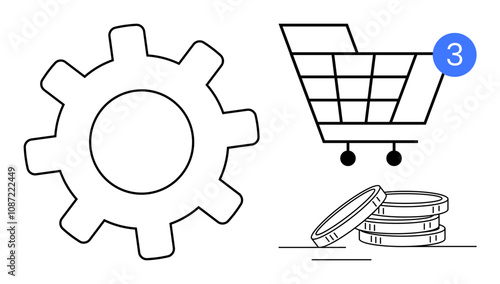 Gear symbolizes machinery or workflow, shopping cart with notification number 3 represents online shopping, coins indicate financial transactions. Ideal for e-commerce, business strategy, financial
