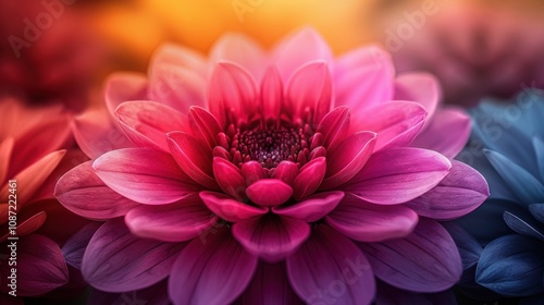 Vibrant close-up of pink and purple flowers illuminated by soft warm light in a serene floral arrangement during sunset