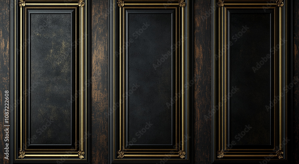 Fototapeta premium Three vertical dark wood panels feature ornate gold framing