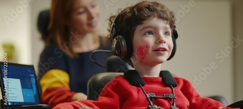 Young Boy with Communication Device, Smiling