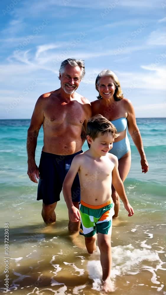 Young adult couple with child walking along a scenic beach at sunny day. Young adult couple with child walking along a scenic beach at sunny day.