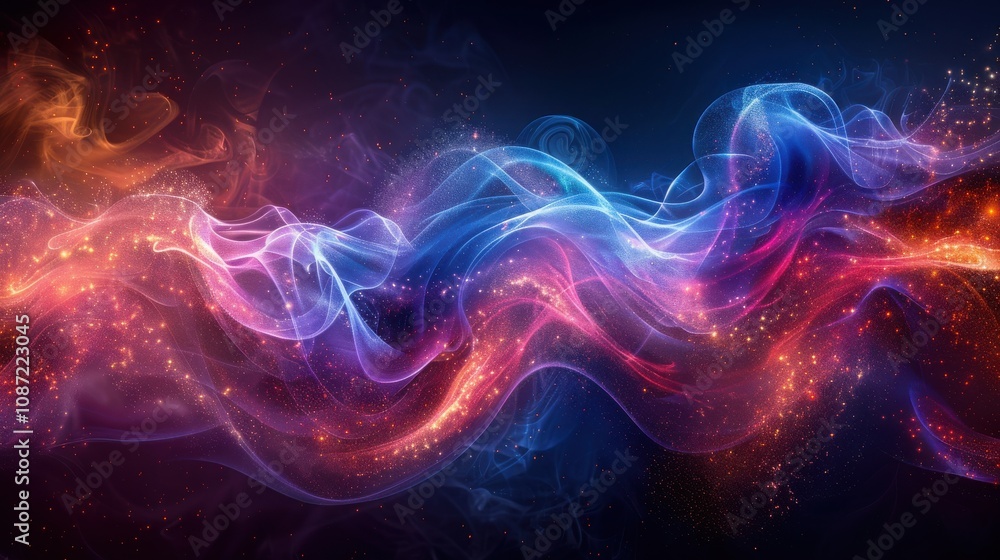 Colorful swirling abstract cosmic waves illuminated by vibrant light sources in a dark background Colorful swirling abstract cosmic waves illuminated by vibrant light sources in a dark background