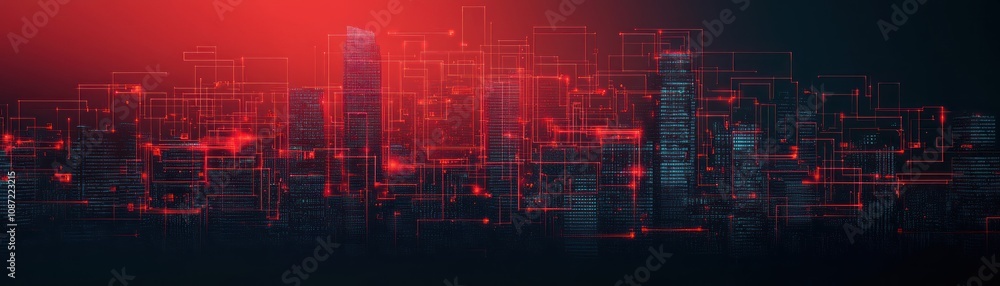 Fototapeta premium A futuristic city skyline illuminated in red, featuring abstract digital elements and a high-tech aesthetic.