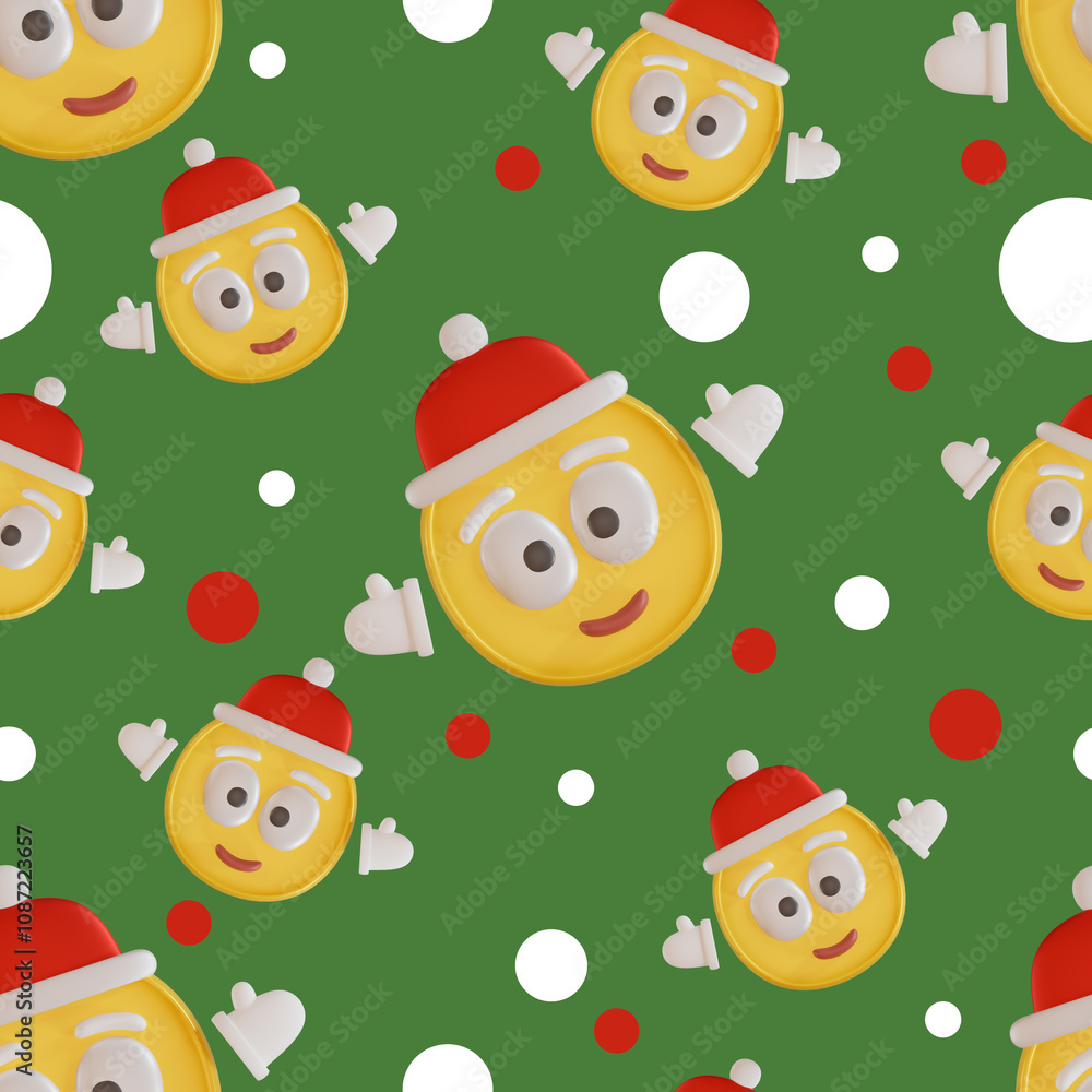 Seamless Christmas pattern with voluminous emoji in a cap and mittens. Graphic illustration. Seamless Christmas pattern with voluminous emoji in a cap and mittens. Graphic illustration.