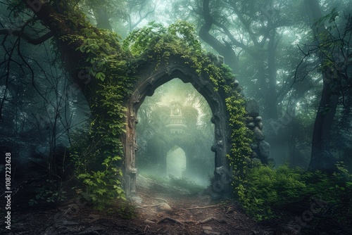 Ancient stone archway, overgrown with vines, leads into a mystical, fogshrouded forest. photo