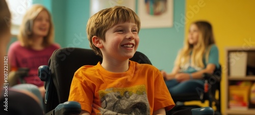 Joyful Young Boy in Wheelchair with Friends