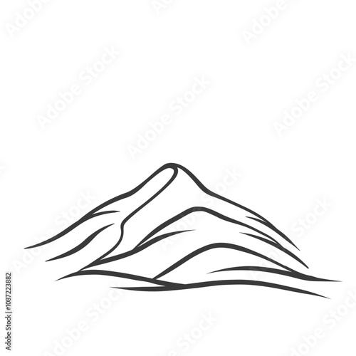 Mountain icon, doodle two peaks of alpine range. Retro minimal sketch of high hills and rocky landscape on horizon. Nature, hiking and travel mascot, hand drawn mountain icon vector illustration