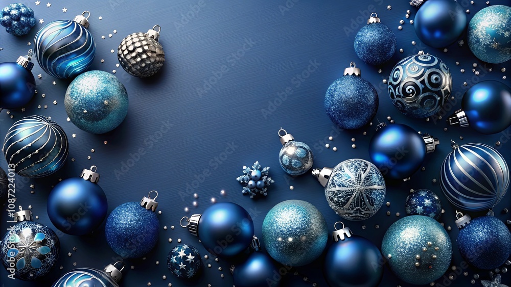 A Festive Collection of Blue and Silver Christmas Ornaments Arranged on a Dark Blue Background A Festive Collection of Blue and Silver Christmas Ornaments Arranged on a Dark Blue Background