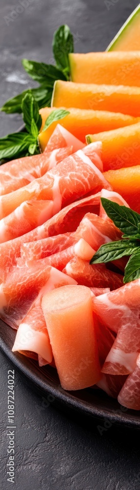 A vibrant platter featuring slices of melon and prosciutto, garnished with fresh mint, showcasing a delicious and refreshing culinary pairing. A vibrant platter featuring slices of melon and prosciutto, garnished with fresh mint, showcasing a delicious and refreshing culinary pairing.