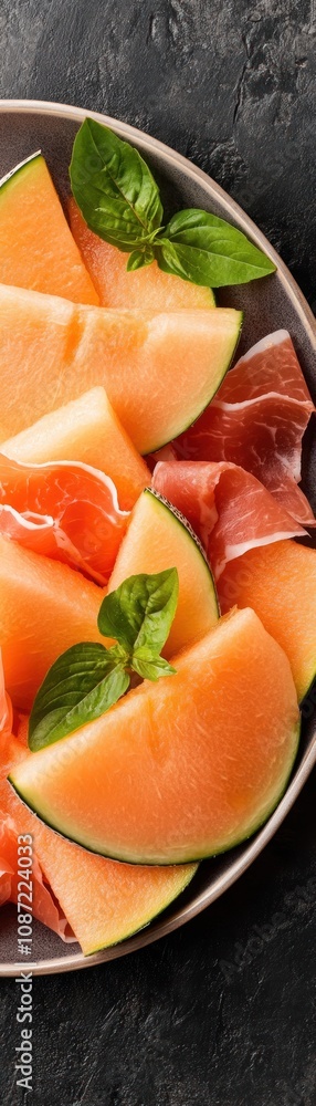 A vibrant platter of melon slices and prosciutto, garnished with fresh basil, showcasing a delightful balance of sweet and savory flavors. A vibrant platter of melon slices and prosciutto, garnished with fresh basil, showcasing a delightful balance of sweet and savory flavors.