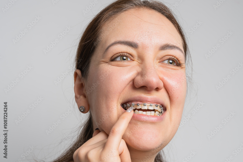 Young cheerful woman does hygiene for braces Young cheerful woman does hygiene for braces