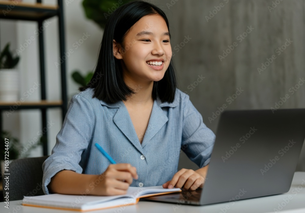 Young asian student is smiling while taking notes and attending an online class using her laptop at home Young asian student is smiling while taking notes and attending an online class using her laptop at home