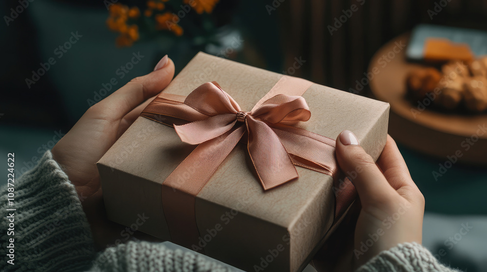 A person is holding a brown box with a gold ribbon tied around it A person is holding a brown box with a gold ribbon tied around it