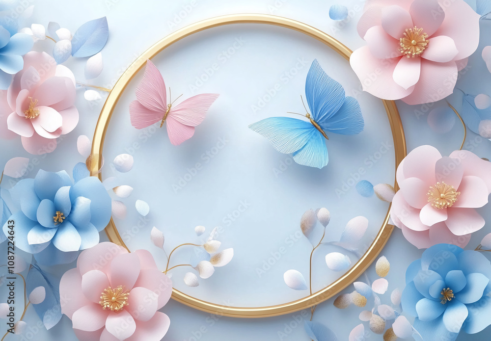 Obraz premium Pink and blue paper flowers and butterflies surround a golden circle on a pastel blue backdrop