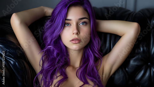 Stunning young woman with long purple hair and a serene expression relaxing on a black leather couch