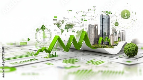 Financial markets surge, dynamic green arrows symbolize growth, global connectivity elements enhance the sense of rapid economic movement.