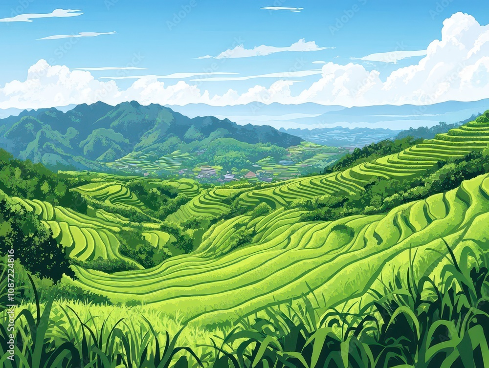 Fototapeta premium illustration of lush rice fields, showcasing green terraces stretching into the horizon under a bright blue sky, capturing the essence of agricultural beauty