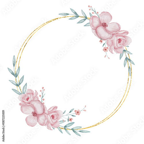 Wallpaper Mural Floral circular Frame with pastel pink Flowers and green leaves for wedding greeting cards or baby invitations. Watercolor illustration with Wreath for postcards template. Drawing for postcards. Torontodigital.ca