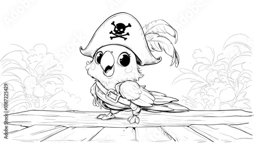 Cute Parrot in Pirate Hat Cartoon Character Coloring Page for Kids Adorable Parrot Illustration Pirate Theme Fun Drawing for Children Colorful Bird Art Page photo