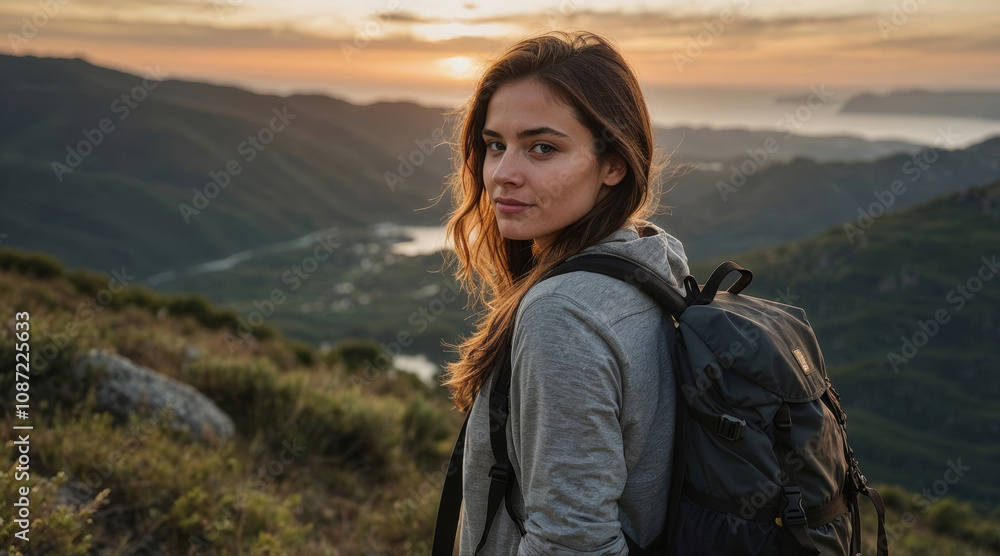 young woman with a backpack resting on a mountaintop young woman with a backpack resting on a mountaintop