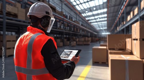 A worker in safety gear and a reflective vest holds a digital tablet, inspecting rows of boxes and pallets in a vast, brightly lit warehouse space. photo