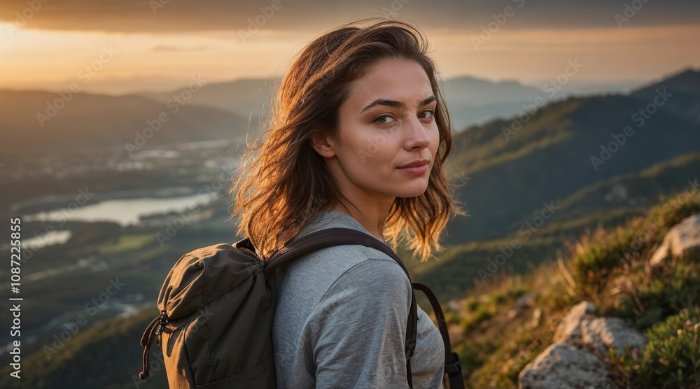 young woman with a backpack resting on a mountaintop young woman with a backpack resting on a mountaintop