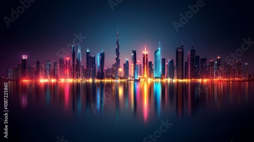 Luminous Cityscape by the River, a vibrant skyline illuminated at night, skyscrapers reflecting on calm waters under a clear sky