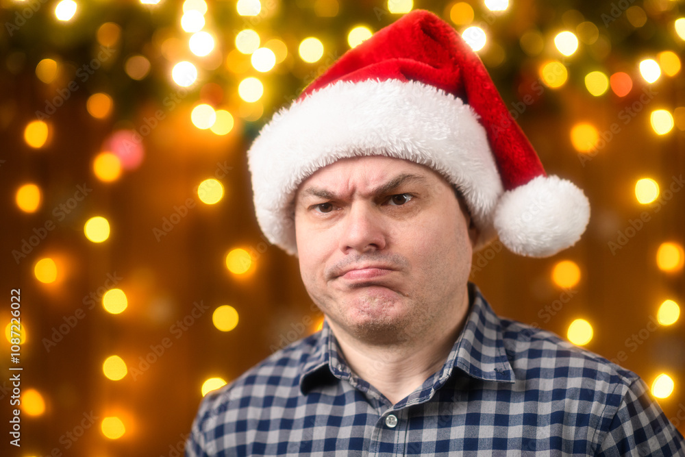 A man face, poses in New Year decorations with festive illumination and garlands, Christmas lights and decorations background, Holiday theme A man face, poses in New Year decorations with festive illumination and garlands, Christmas lights and decorations background, Holiday theme