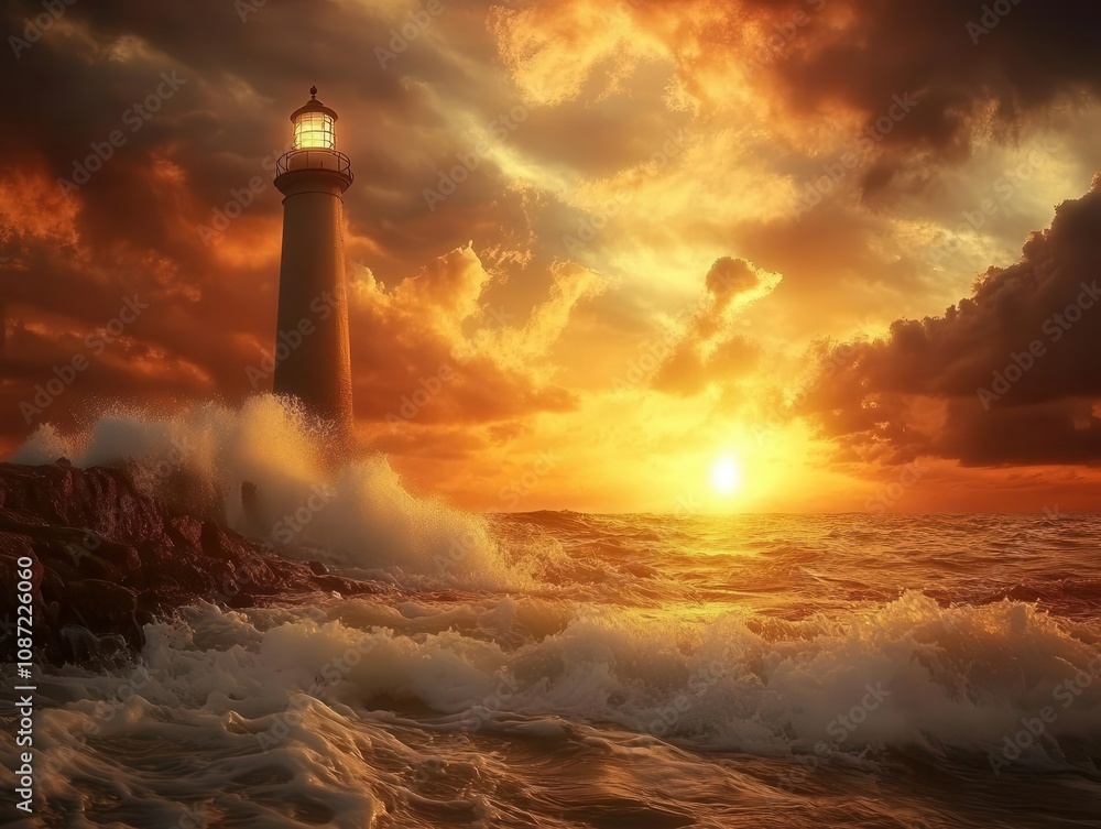 lighthouse standing tall on a rugged coastline, waves crashing around it, illuminated by a warm sunset glow, capturing the essence of guidance and safety at sea lighthouse standing tall on a rugged coastline, waves crashing around it, illuminated by a warm sunset glow, capturing the essence of guidance and safety at sea