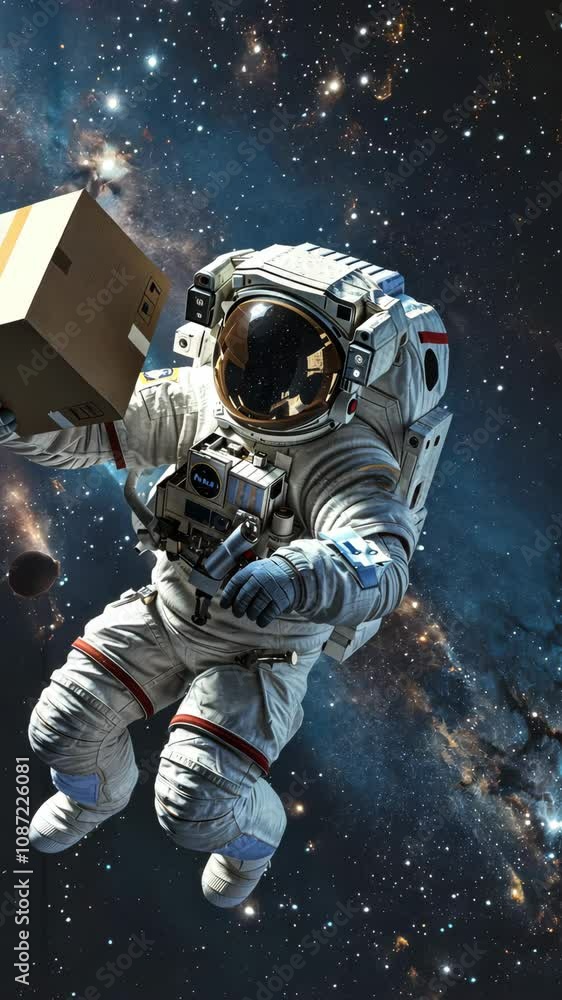 Astronaut floating in space while delivering a cardboard package Astronaut floating in space while delivering a cardboard package