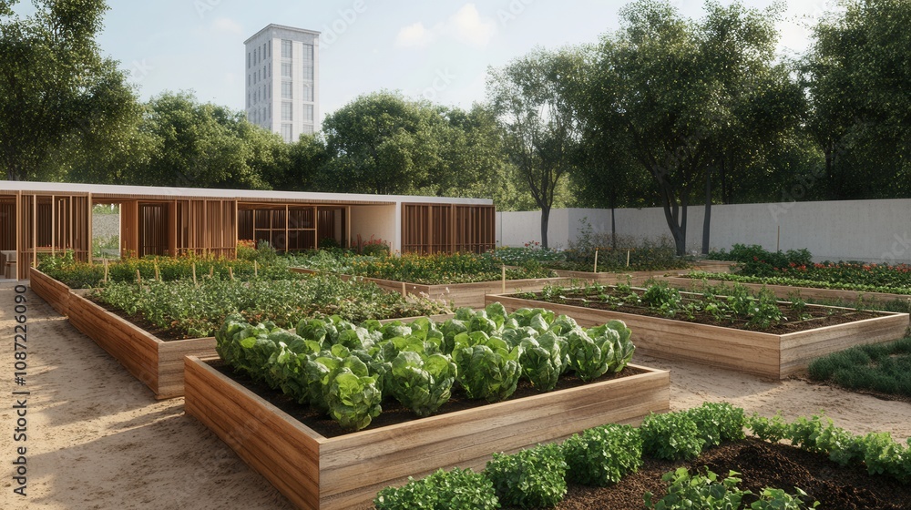 Fototapeta premium A vibrant urban garden featuring raised beds filled with various vegetables, framed by lush greenery and a modern building in the background.