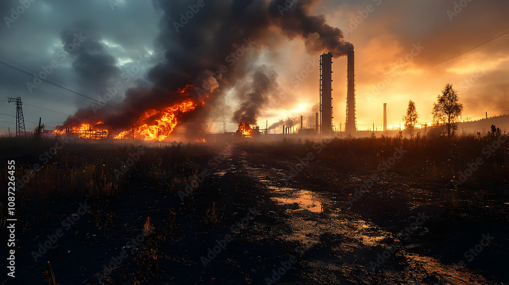 Industrial Fire at Sunset - Realistic Photo Industrial Fire at Sunset - Realistic Photo