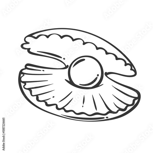 Open shell with rare pearl line icon. Outline hand drawn oyster, side view of vintage seashell with mother of pearl ball. Treasure, marine animal mascot, aquatic shellfish icon vector illustration