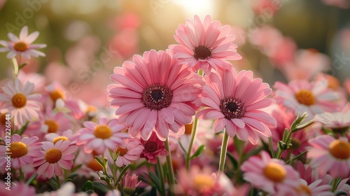 Beautiful blooming pink daisies in a vibrant garden at sunset, capturing nature's tranquility and color in full bloom