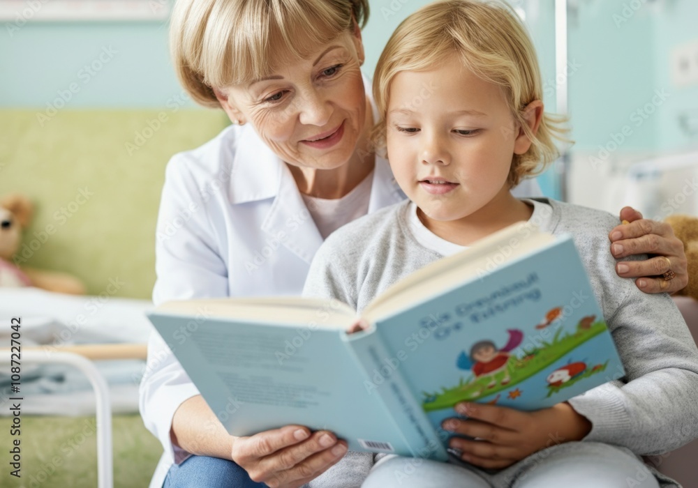 Senior female doctor reading a storybook to a young boy in a hospital room, creating a comforting and caring environment Senior female doctor reading a storybook to a young boy in a hospital room, creating a comforting and caring environment