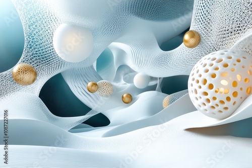 abstract bio-inspired shapes with organic spheres in white and gold tones, interconnected mesh structure, soft lighting, futuristic digital art, science and technology concept