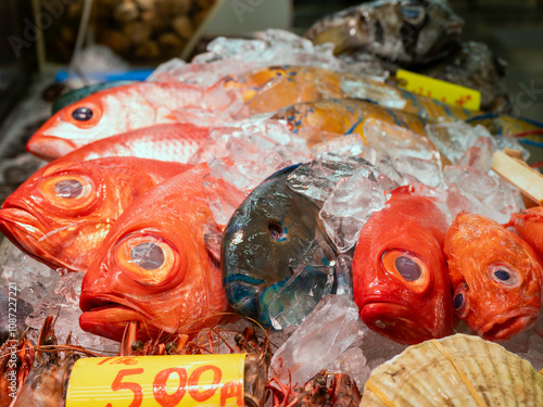 沖縄の市場で売られている魚介類