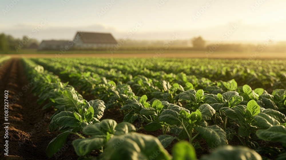 Fototapeta premium A tranquil farm landscape at sunrise, featuring rows of lush green crops and a distant barn under a clear sky.