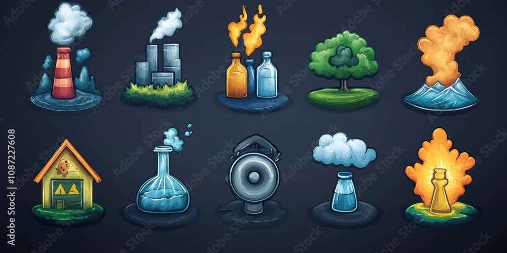 Cartoon Illustrations of Pollution and Nature Symbols Cartoon Illustrations of Pollution and Nature Symbols