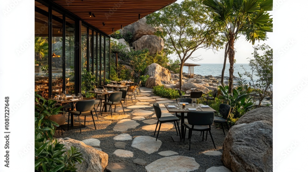Obraz premium Coastal Dining Oasis, an enchanting restaurant with tables nestled among lush greenery and rugged stone, offering a serene waterfront experience.