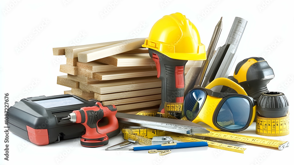 Construction tools, wood, safety gear, and measuring equipment arranged on a white background. Perfect for DIY, home improvement, or construction projects. Construction tools, wood, safety gear, and measuring equipment arranged on a white background. Perfect for DIY, home improvement, or construction projects.